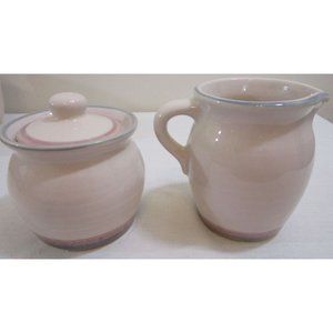 Pfaltzgraff Aura Cream and Sugar Bowl with Top Cream Blue Pink Band 3 PC
